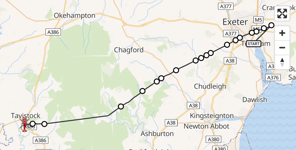 Flight route Air Ambulance Helicopter Topsham - West Devon, 10 May 2026, 13:20