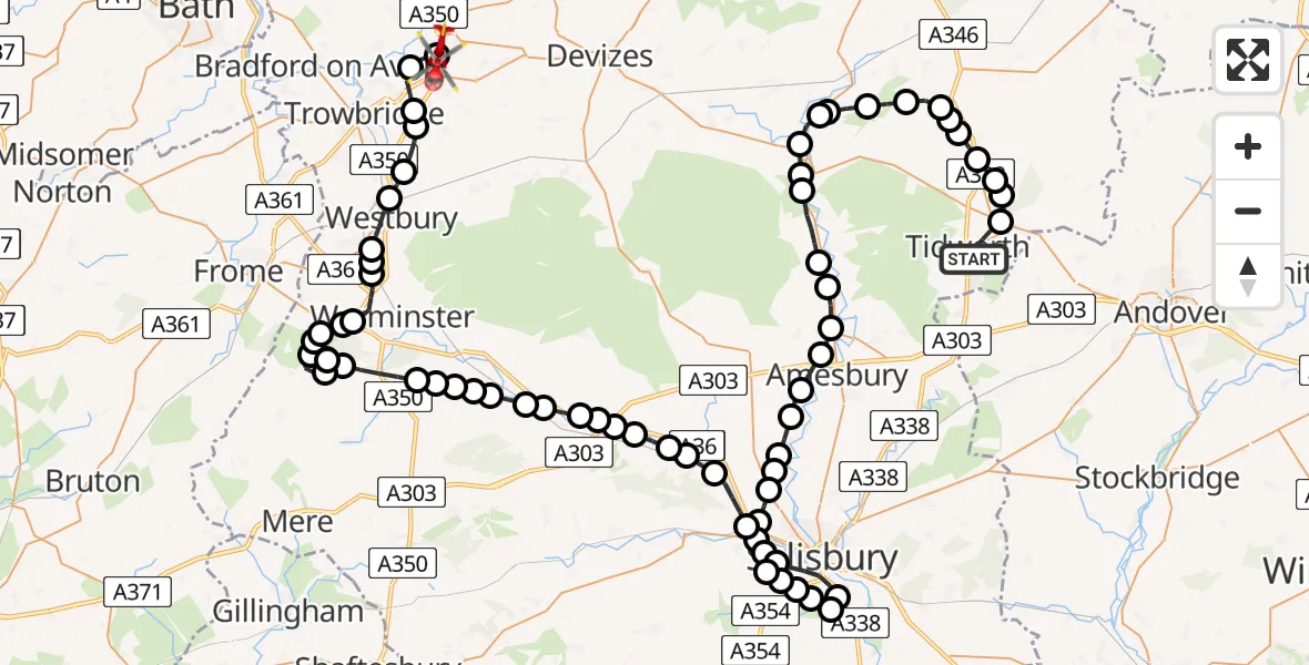 Flight route Air Ambulance Helicopter Tidworth - Wiltshire Air Ambulance, 10 May 2026, 13:23