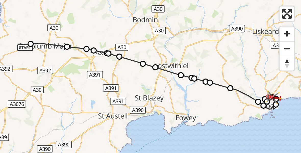 Flight route Air Ambulance Helicopter Cornwall Airport Newquay - Looe, 10 May 2026, 13:23