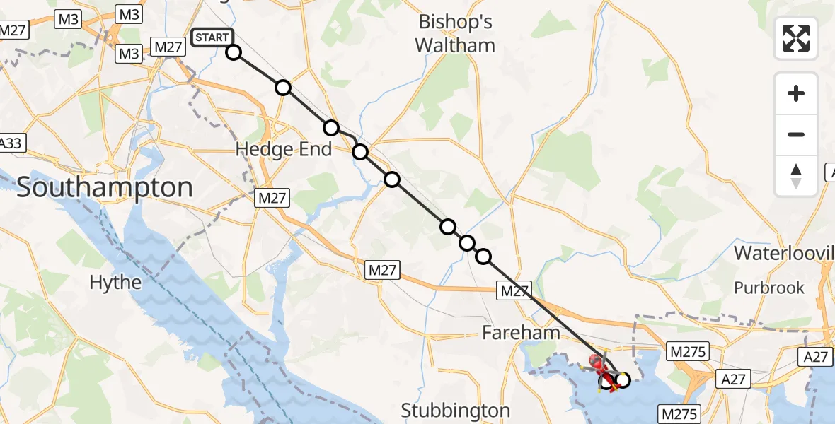 Flight route Air Ambulance Helicopter Southampton Airport - Fareham, 10 May 2026, 13:33