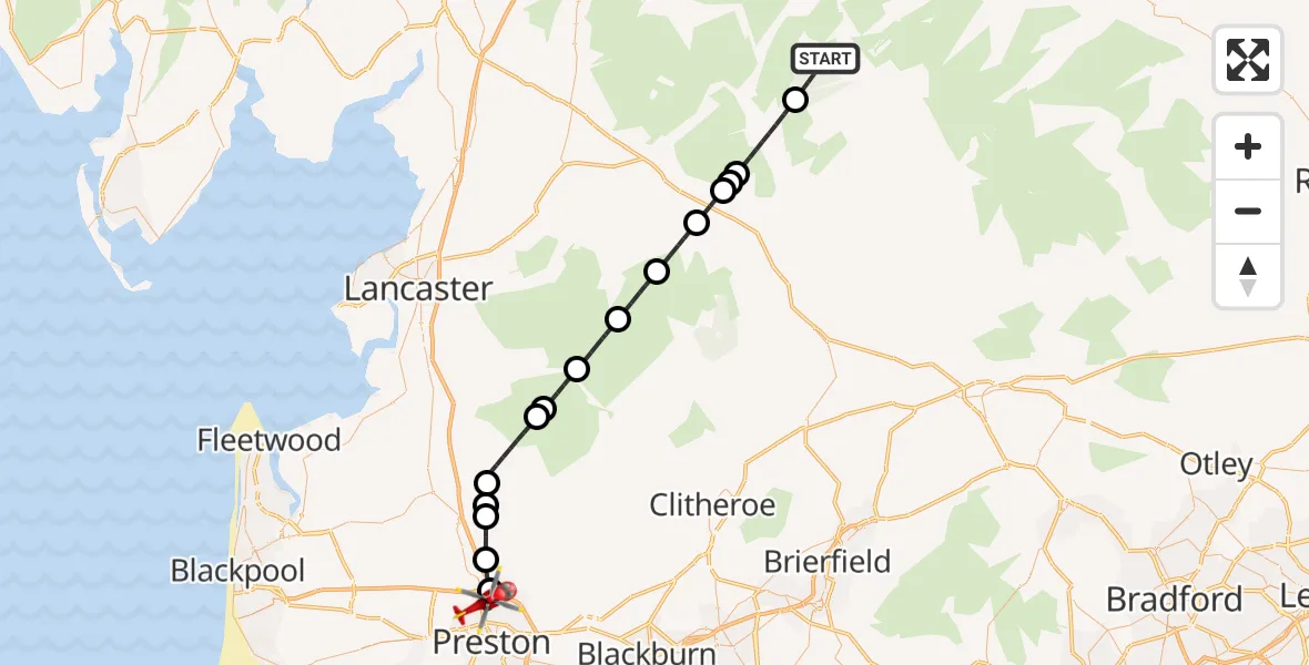 Flight route Air Ambulance Helicopter Buckden - Preston, 10 May 2026, 13:34