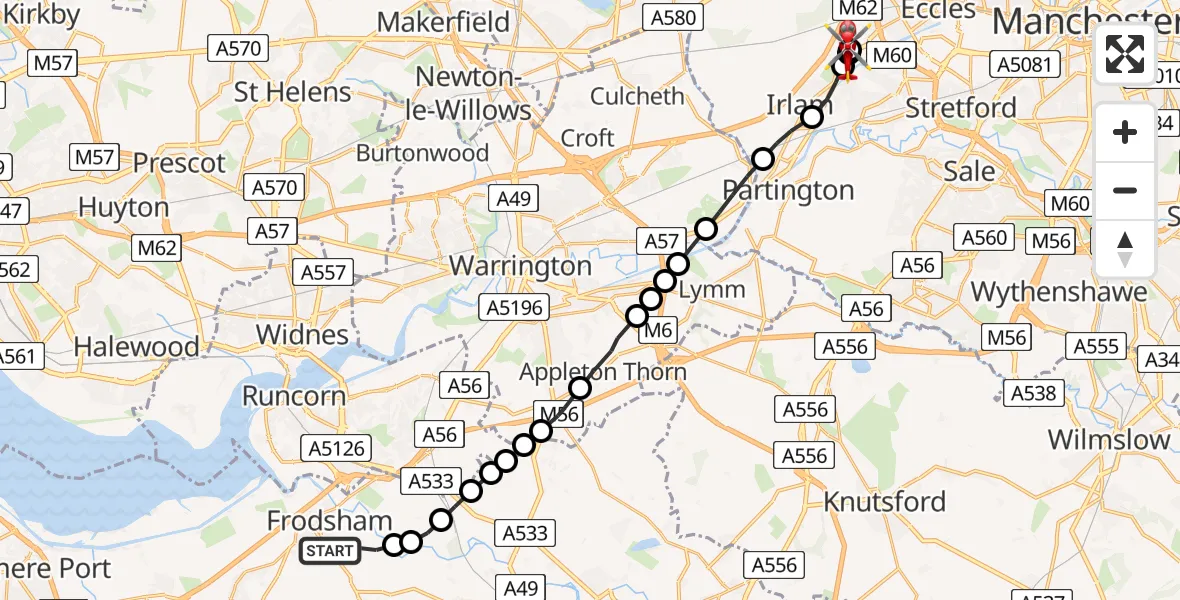 Flight route Air Ambulance Helicopter Frodsham - Manchester Barton Aerodrome, 10 May 2026, 13:35