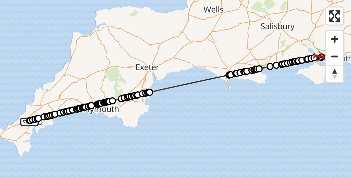 Flight route Air Ambulance Helicopter Treliske Hospital - Solent Airport, 10 May 2026, 13:35