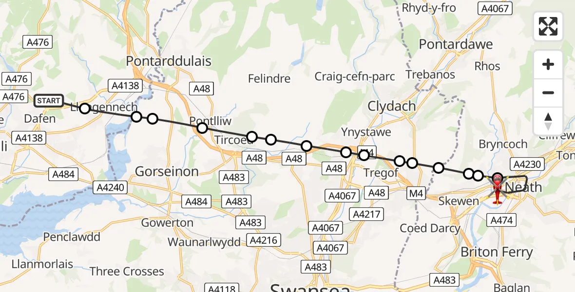 Flight route Air Ambulance Helicopter Dafen - Neath, 10 May 2026, 13:40