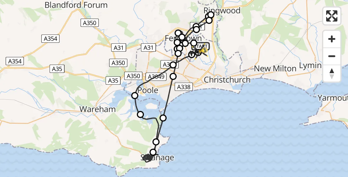 Flight route Police Helicopter Bournemouth Airport - Bournemouth Airport, 10 May 2026, 13:43