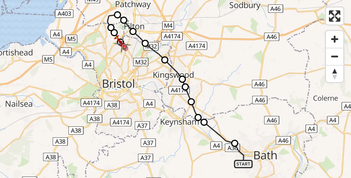Flight route Air Ambulance Helicopter Bath - Bristol, 10 May 2026, 13:51