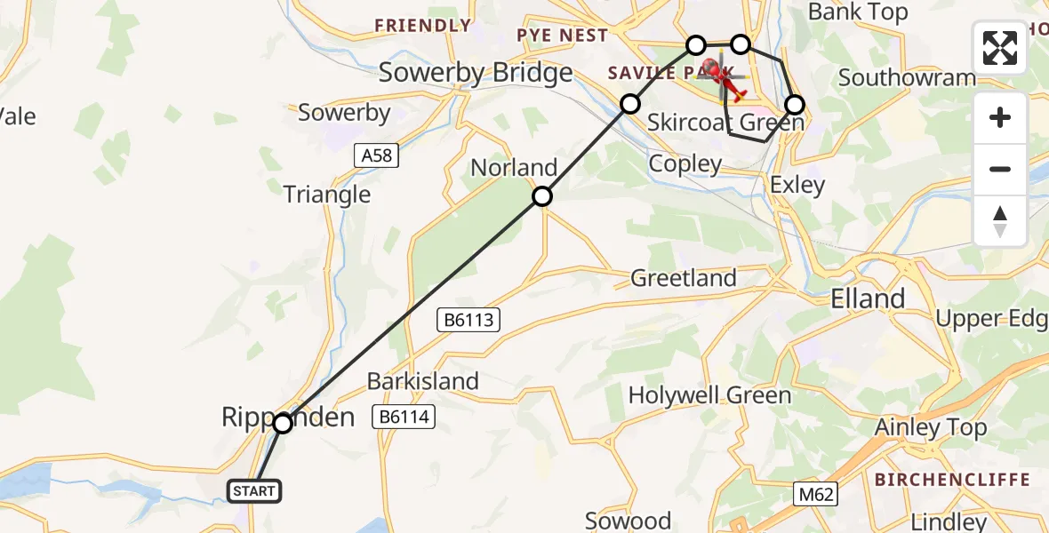 Flight route Air Ambulance Helicopter Ripponden - Exley, 10 May 2026, 13:52