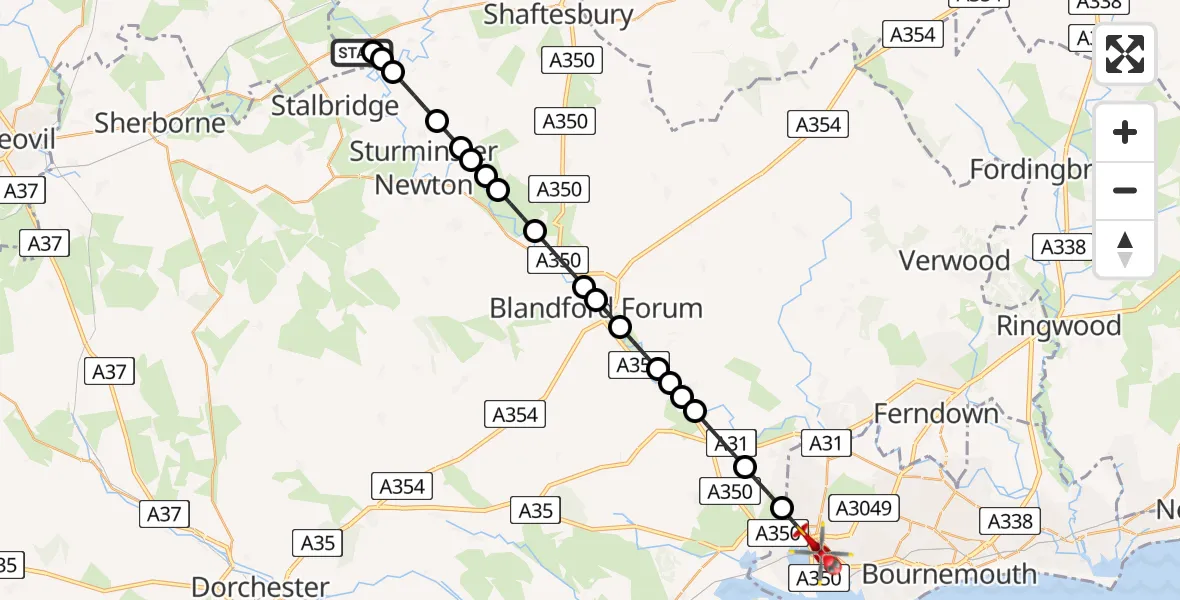 Flight route Air Ambulance Helicopter Henstridge Airfield - Poole, 10 May 2026, 13:53