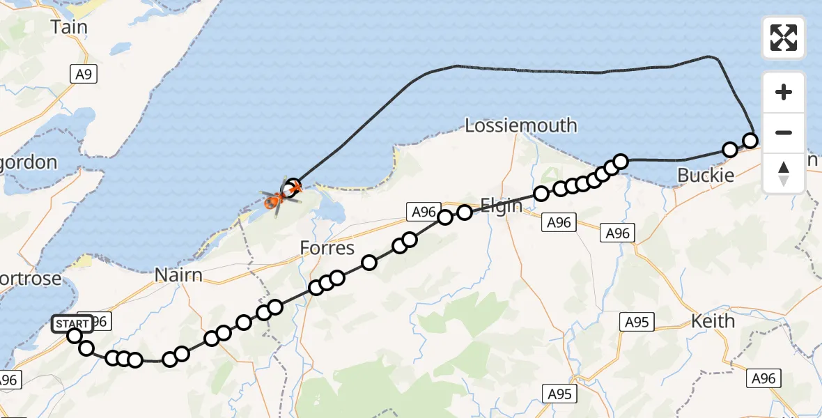 Flight route Coastguard Helicopter Inverness Airport - Buckie Loch, 10 May 2026, 13:55