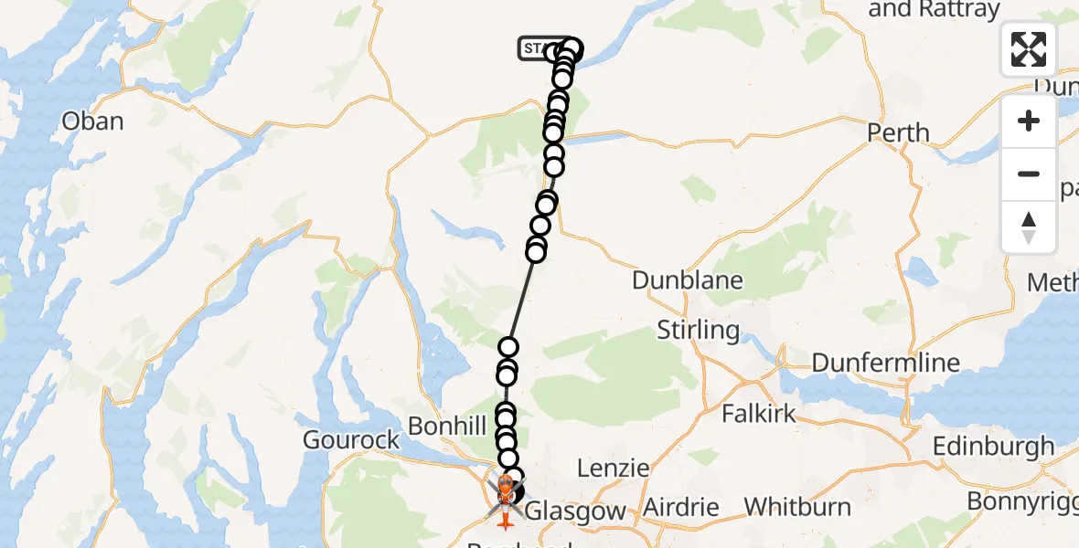 Flight route Coastguard Helicopter Stirling - Glasgow Airport, 10 May 2026, 13:57
