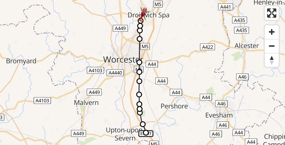 Flight route Air Ambulance Helicopter Hill Croome - Droitwich Spa, 10 May 2026, 13:57