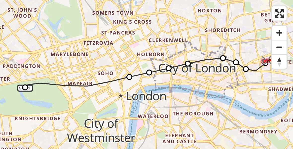 Flight route Air Ambulance Helicopter City of Westminster - Royal London Hospital, 10 May 2026, 13:58