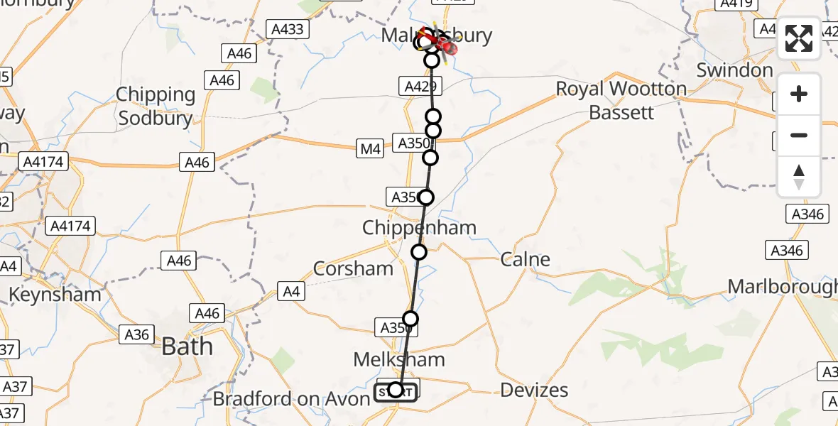 Flight route Air Ambulance Helicopter Wiltshire Air Ambulance - Milbourne, 10 May 2026, 14:00