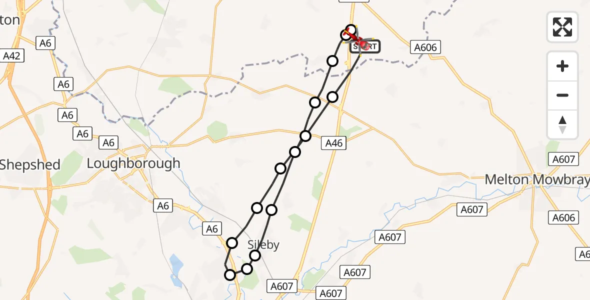 Flight route Air Ambulance Helicopter Rushcliffe - Rushcliffe, 10 May 2026, 14:02