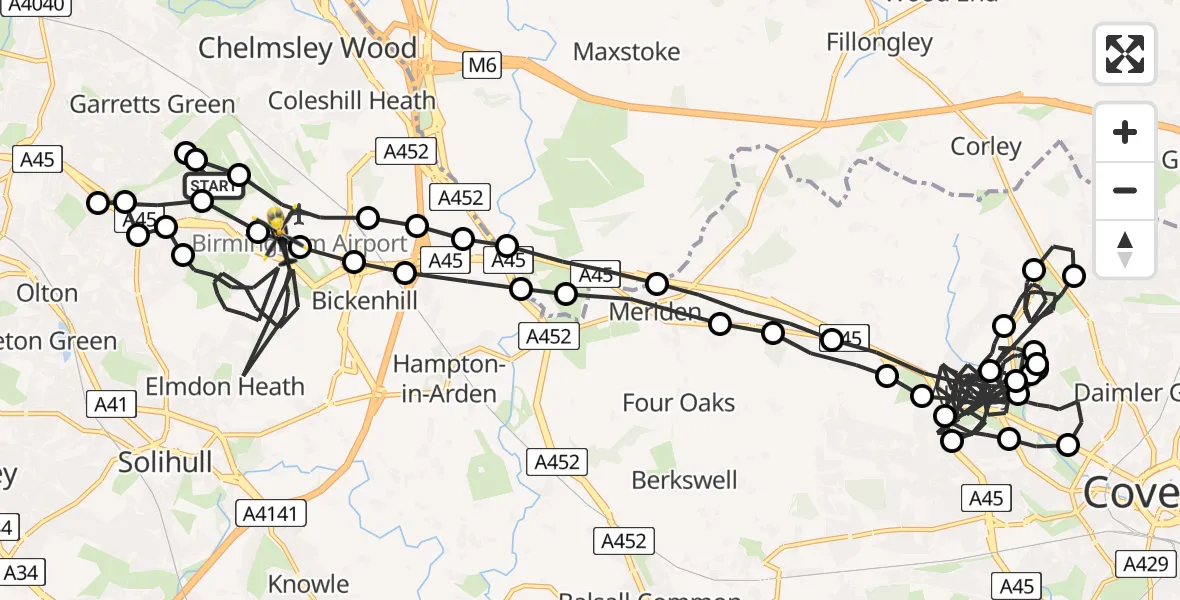 Flight route Police Helicopter Sheldon - Birmingham Airport, 10 May 2026, 14:03