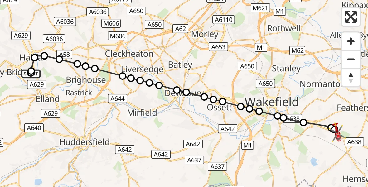 Flight route Air Ambulance Helicopter Skircoat Green - YAA Nostell Helicopter Port, 10 May 2026, 14:06