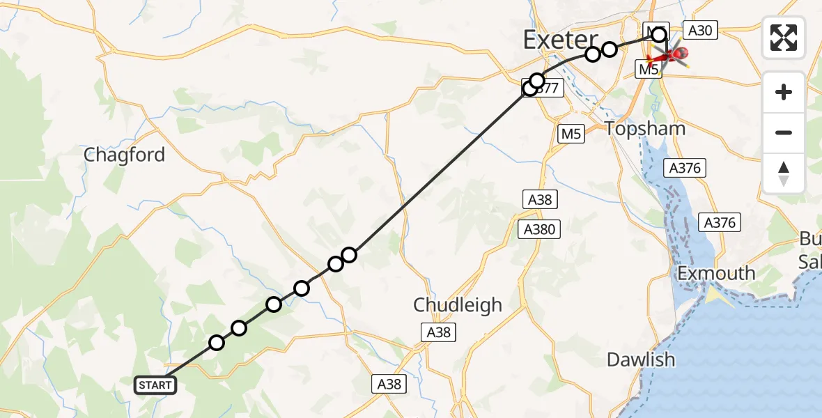 Flight route Air Ambulance Helicopter Widecombe-in-the-Moor - Clyst St Mary, 10 May 2026, 14:23