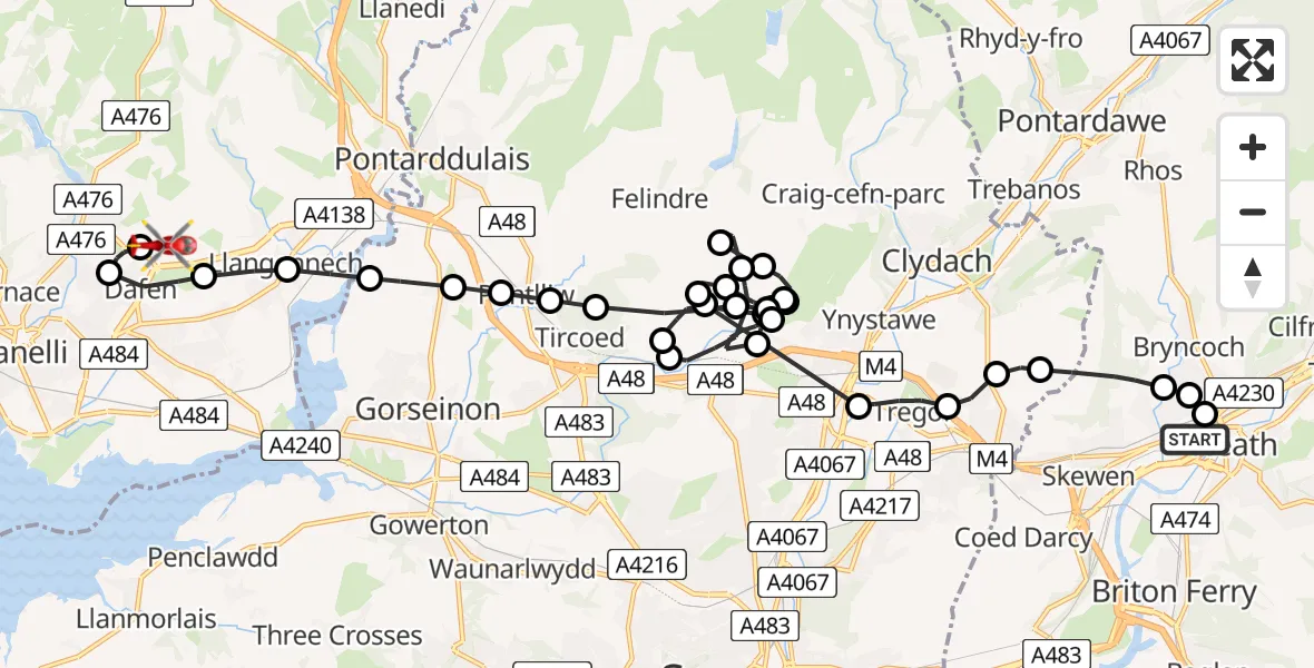 Flight route Air Ambulance Helicopter Neath Abbey - Dafen, 10 May 2026, 14:23