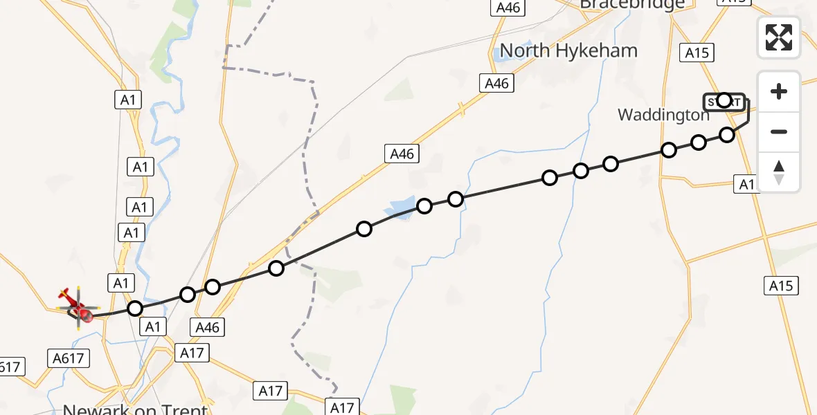Flight route Air Ambulance Helicopter RAF Waddington - South Muskham CP, 10 May 2026, 14:31