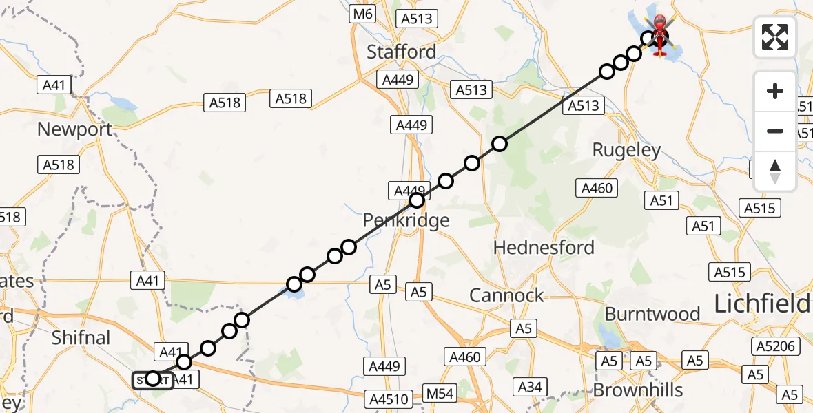 Flight route Air Ambulance Helicopter RAF Cosford - Abbots Bromley, 10 May 2026, 14:32