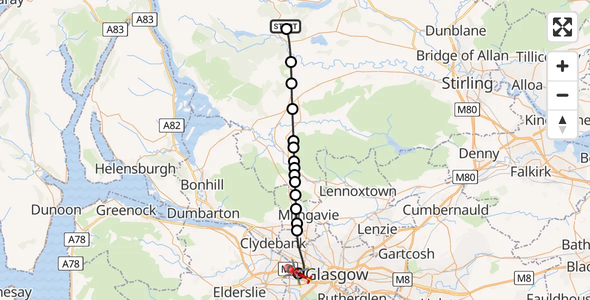 Flight route Air Ambulance Helicopter Stirling - Queen Elizabeth Hospital, 10 May 2026, 14:36