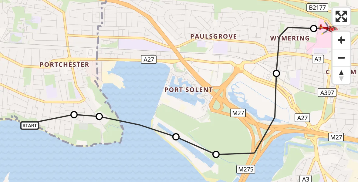 Flight route Air Ambulance Helicopter Fareham - Queen Alexandra Hospital, 10 May 2026, 14:53