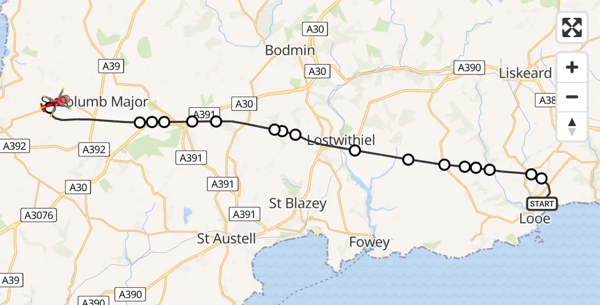 Flight route Air Ambulance Helicopter Looe - Cornwall Airport Newquay, 10 May 2026, 14:56