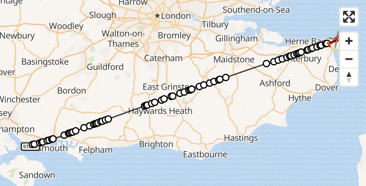 Flight route Air Ambulance Helicopter Solent Airport - Queen Elizabeth The Queen Mother Hospital Heliport, 10 May 2026, 14:57