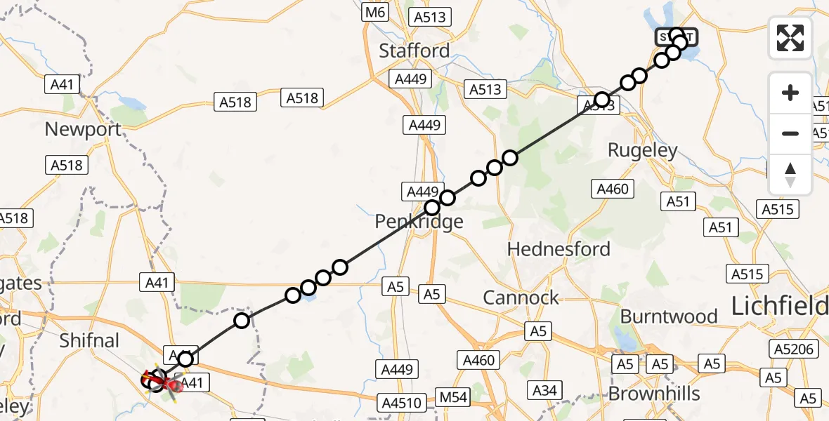 Flight route Air Ambulance Helicopter Abbots Bromley - Cosford, 10 May 2026, 15:06