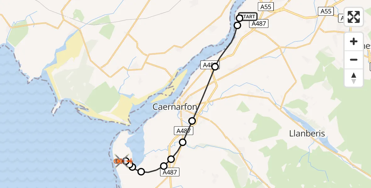 Flight route Coastguard Helicopter Aber Pwll - Caernarfon Airport, 10 May 2026, 15:07