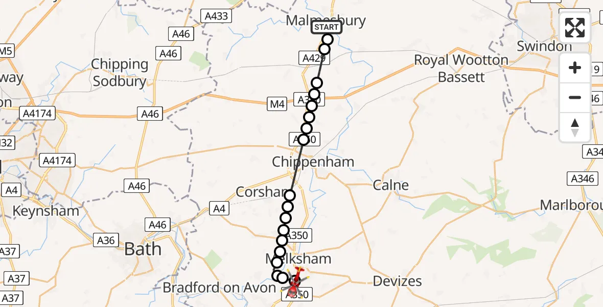Flight route Air Ambulance Helicopter Milbourne - Wiltshire Air Ambulance, 10 May 2026, 15:08