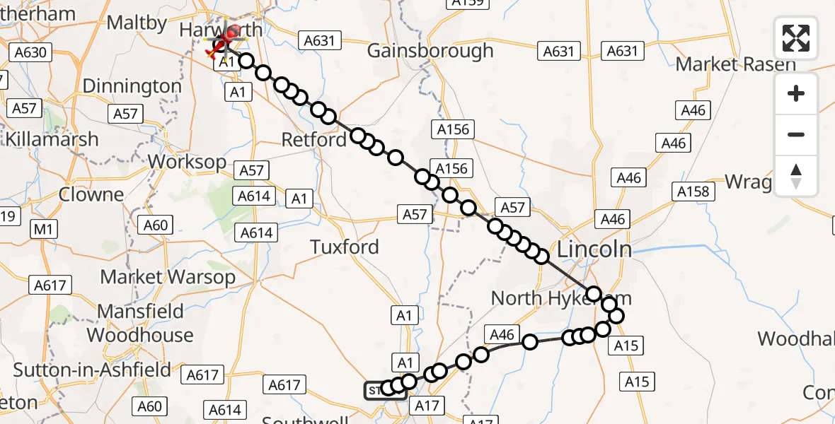 Flight route Air Ambulance Helicopter South Muskham CP - Styrrup, 10 May 2026, 15:11