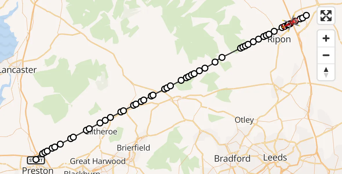 Flight route Air Ambulance Helicopter Royal Preston - Melmerby, 10 May 2026, 15:12