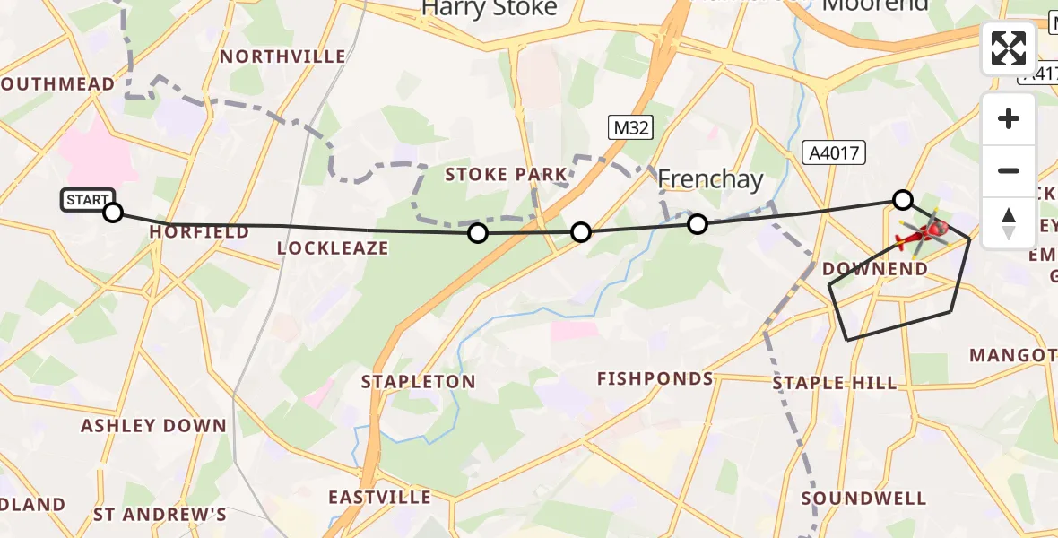 Flight route Air Ambulance Helicopter Southmead Hospital - Bristol, 10 May 2026, 15:14
