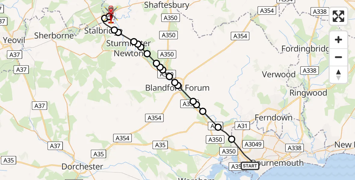 Flight route Air Ambulance Helicopter Poole - Henstridge Airfield, 10 May 2026, 15:15