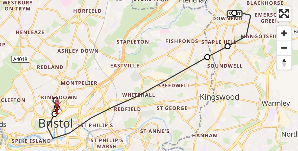 Flight route Air Ambulance Helicopter Downend - Bristol Royal Infirmary, 10 May 2026, 15:19