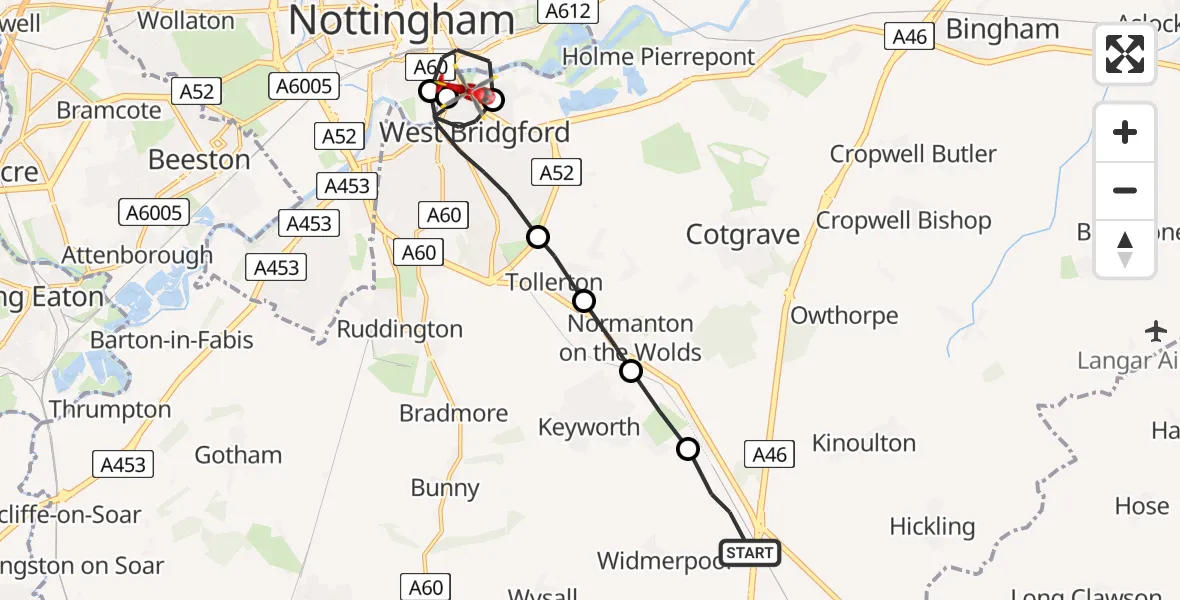 Flight route Air Ambulance Helicopter Widmerpool - City of Nottingham, 10 May 2026, 15:24