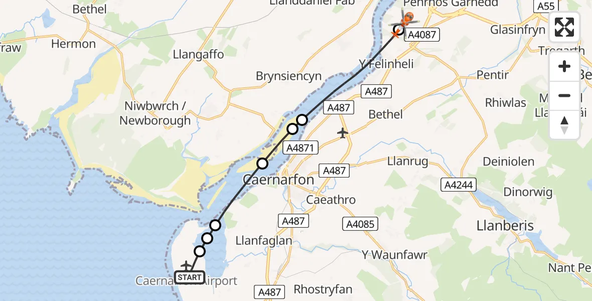 Flight route Coastguard Helicopter Caernarfon Airport - Aber Pwll, 10 May 2026, 15:29