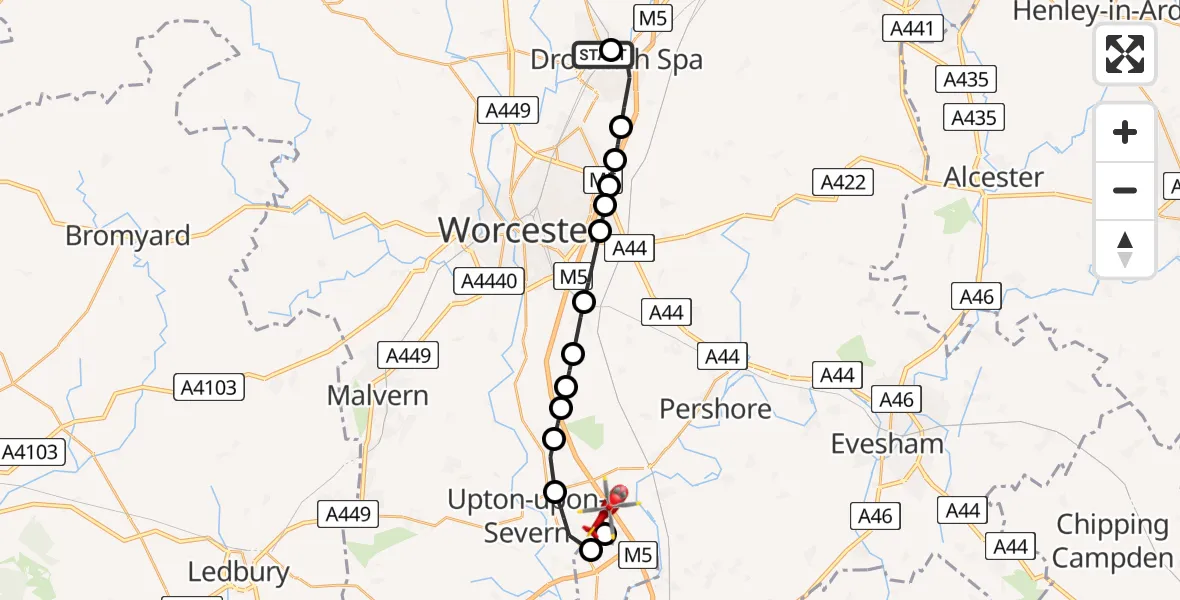 Flight route Air Ambulance Helicopter Droitwich Spa - Upper Strensham, 10 May 2026, 15:30