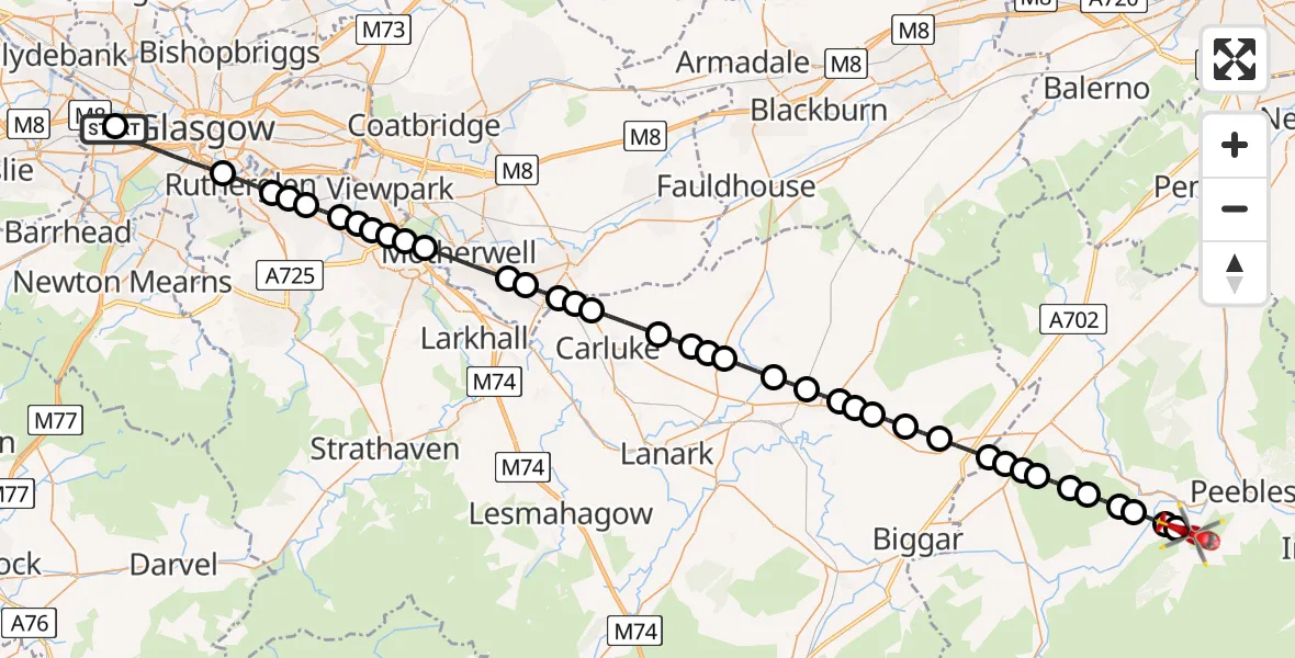 Flight route Air Ambulance Helicopter Queen Elizabeth Hospital - Castlehill, 10 May 2026, 15:35