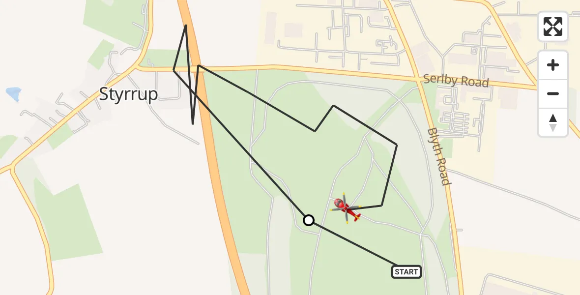 Flight route Air Ambulance Helicopter Harworth - Styrrup, 10 May 2026, 15:41