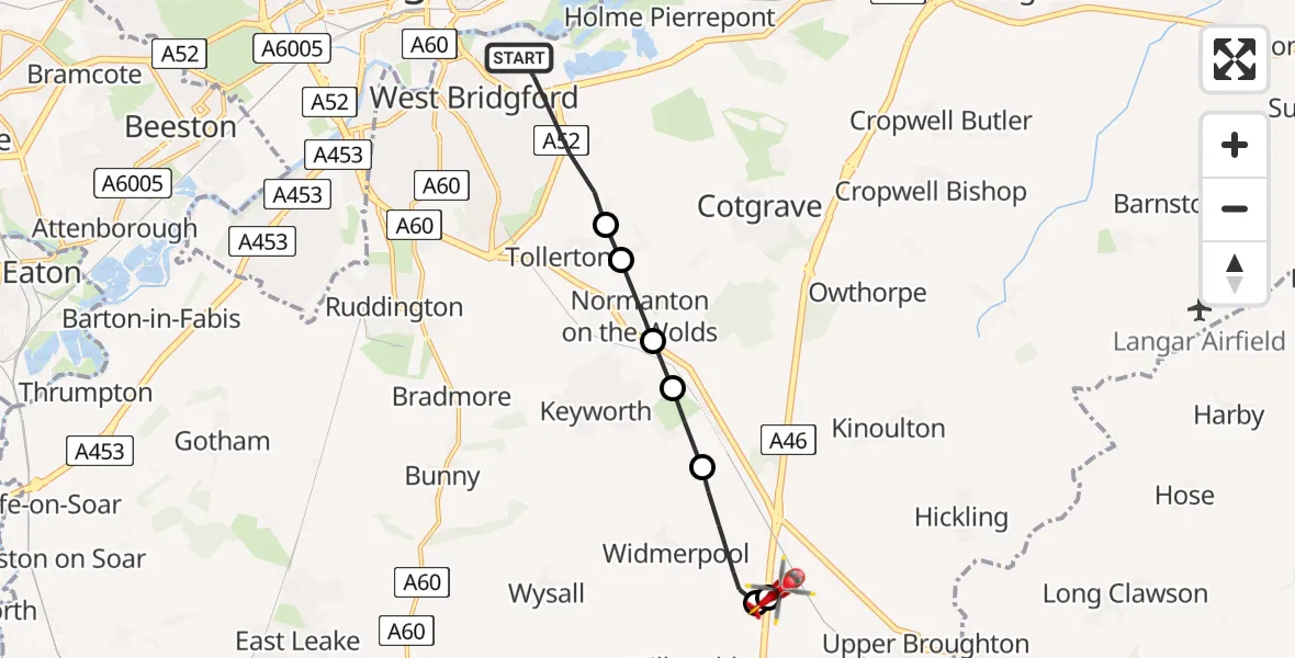 Flight route Air Ambulance Helicopter West Bridgford - Nottingham Heliport, 10 May 2026, 15:42