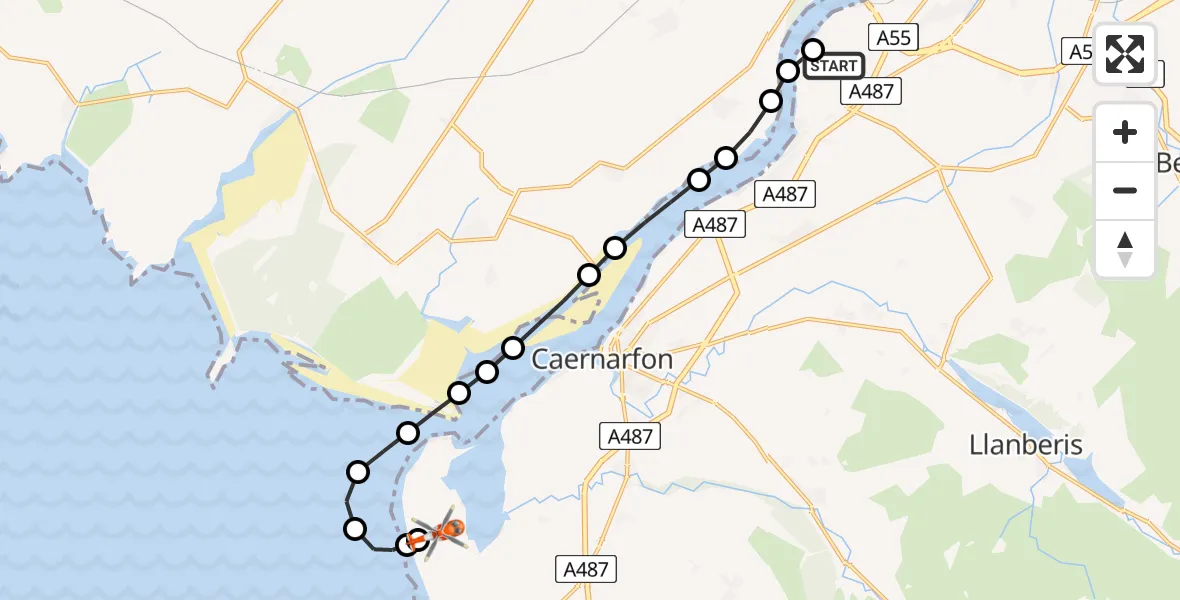 Flight route Coastguard Helicopter Aber Pwll - Caernarfon Airport, 10 May 2026, 15:43