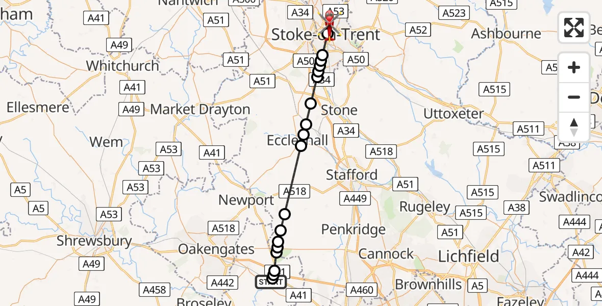 Flight route Air Ambulance Helicopter RAF Cosford - Hanley, 10 May 2026, 15:48