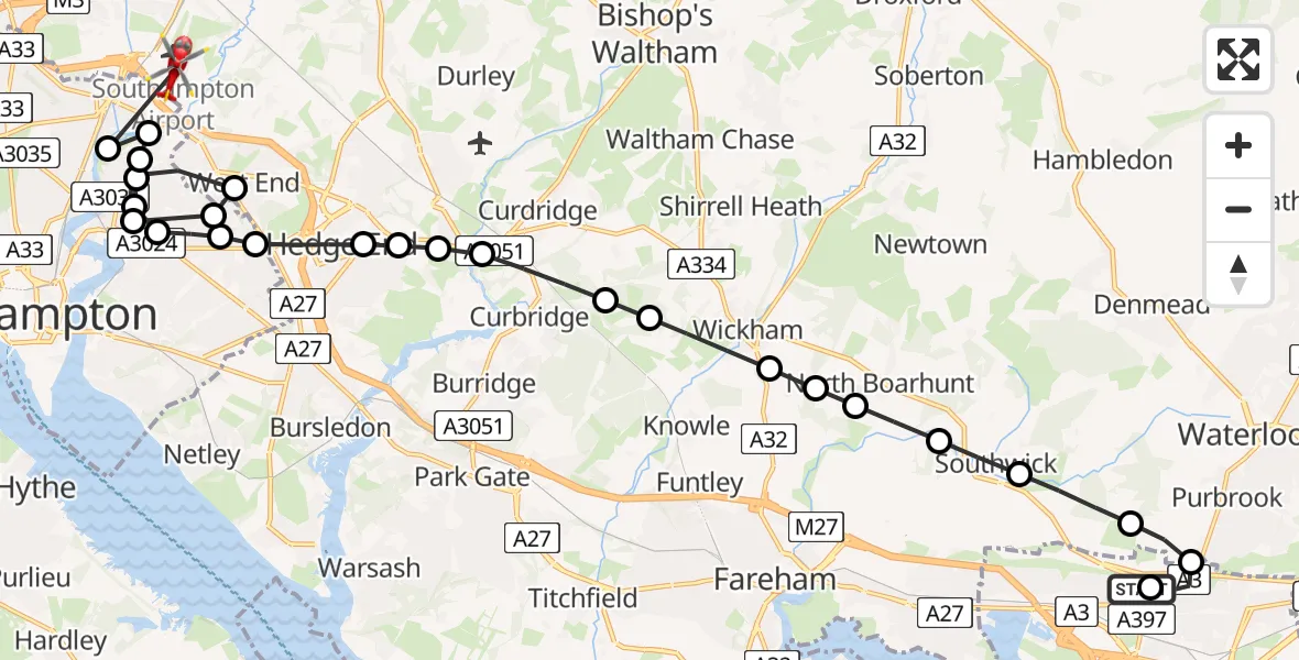 Flight route Air Ambulance Helicopter Queen Alexandra Hospital - Southampton Airport, 10 May 2026, 15:54