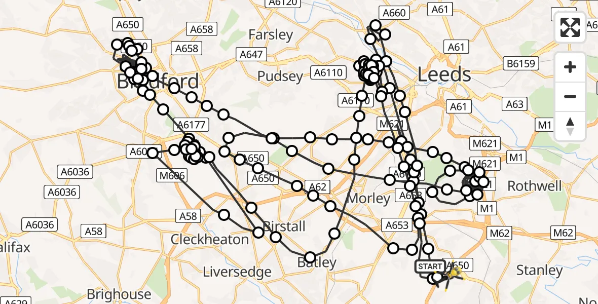 Flight route Police Helicopter East Ardsley - East Ardsley, 10 May 2026, 15:54