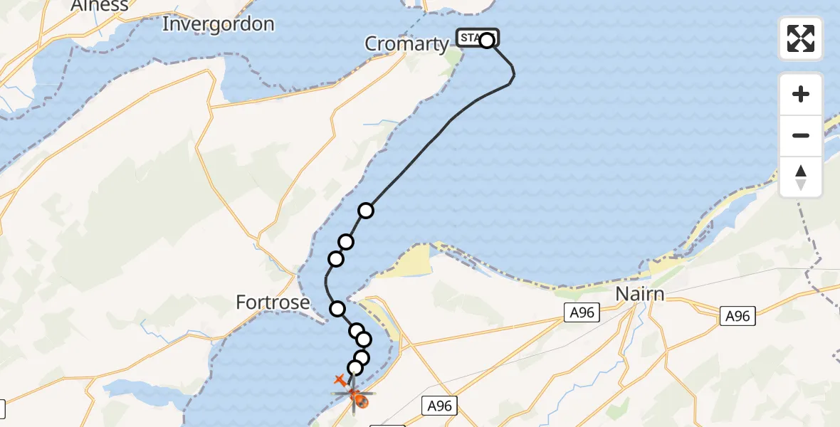 Flight route Coastguard Helicopter Cromarty - Inverness, 10 May 2026, 15:56
