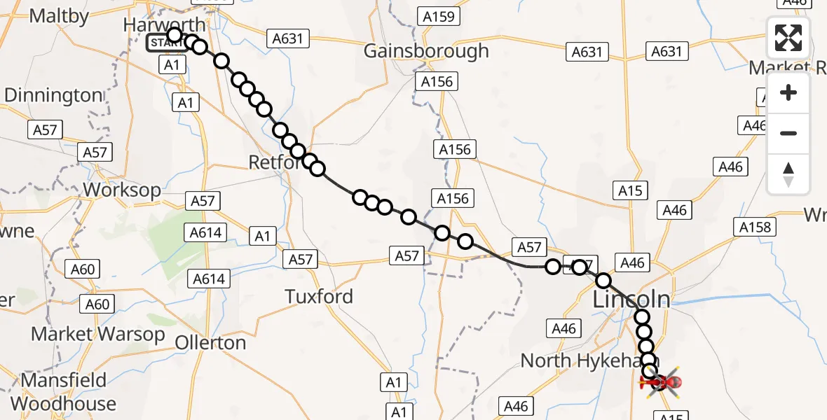 Flight route Air Ambulance Helicopter Styrrup - North Kesteven, 10 May 2026, 16:06