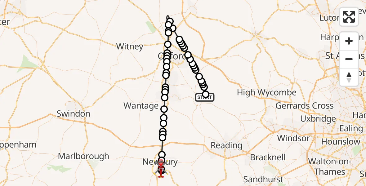 Flight route Air Ambulance Helicopter RAF Benson - Newbury, 10 May 2026, 16:12
