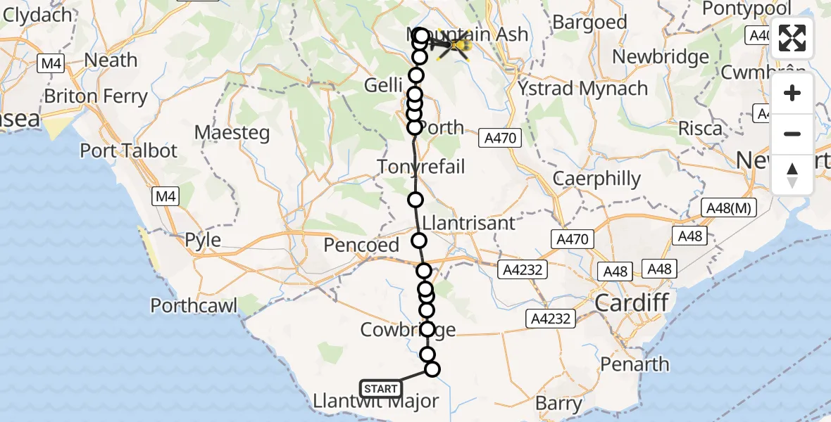 Flight route Police Helicopter Llantwit Major - Mountain Ash West, 10 May 2026, 16:28